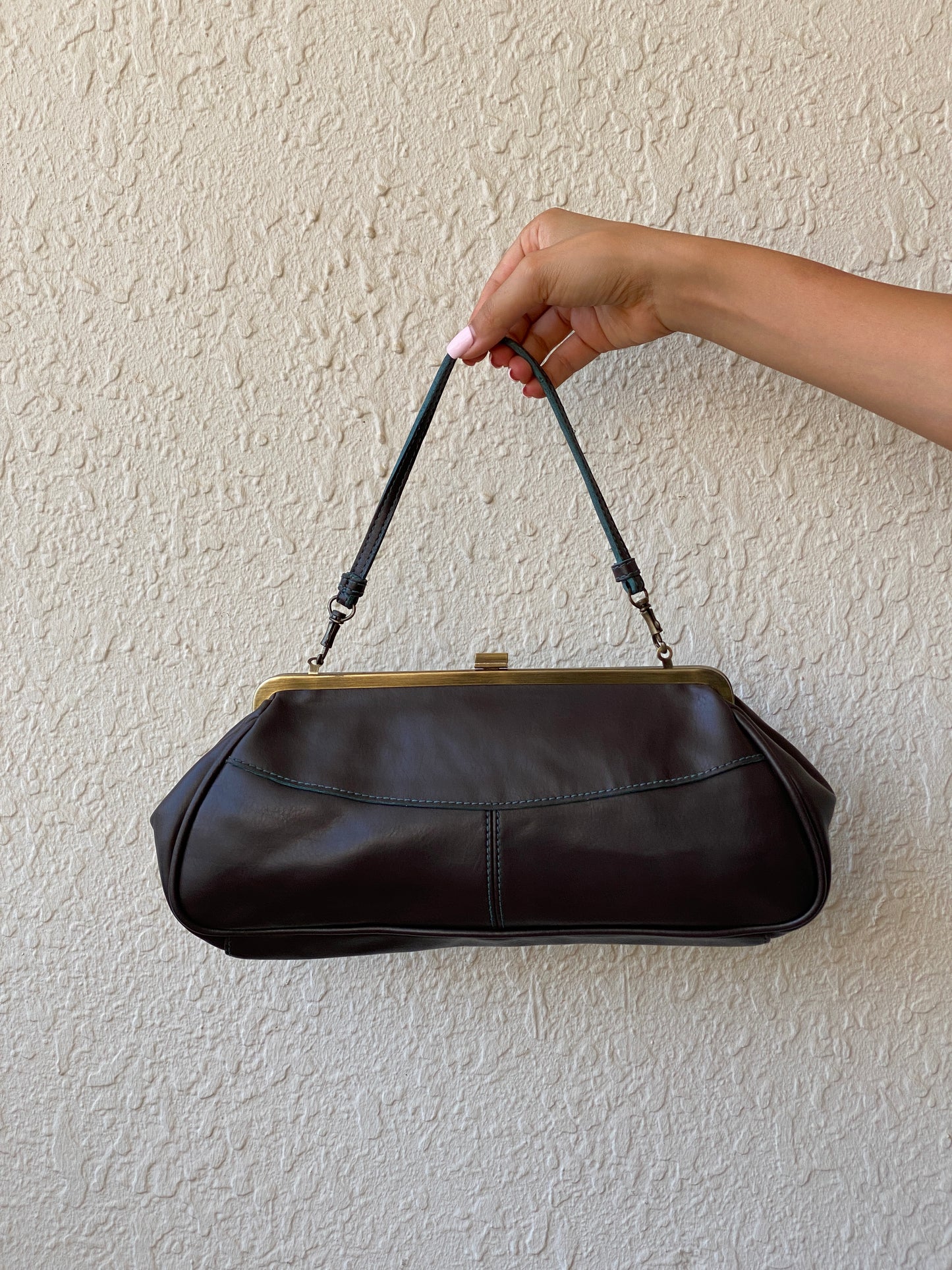 Vintage Y2K Worthington Brown PVC Teal Trim Frame Shoulder Bag