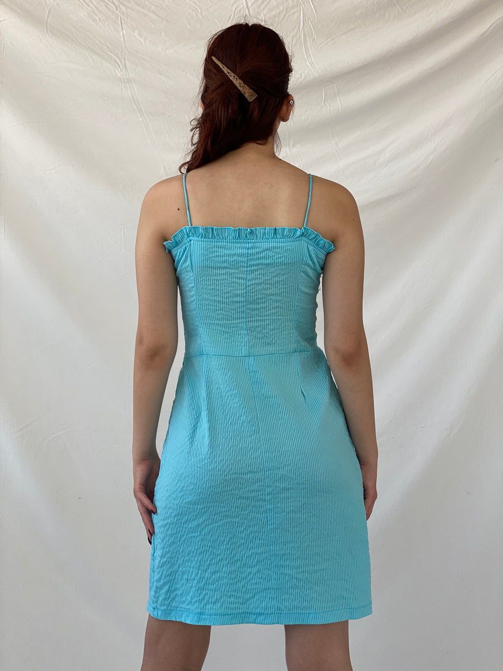 Vintage Hayg Striped Blue Beaded Ruffle Summer Knee Length Dress - M