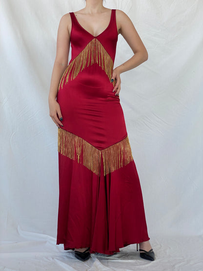 Absolutely Beautiful Ranjana Khan Burgundy Silk Gold Metal Fringe Sleeveless V-Neck Gown - S