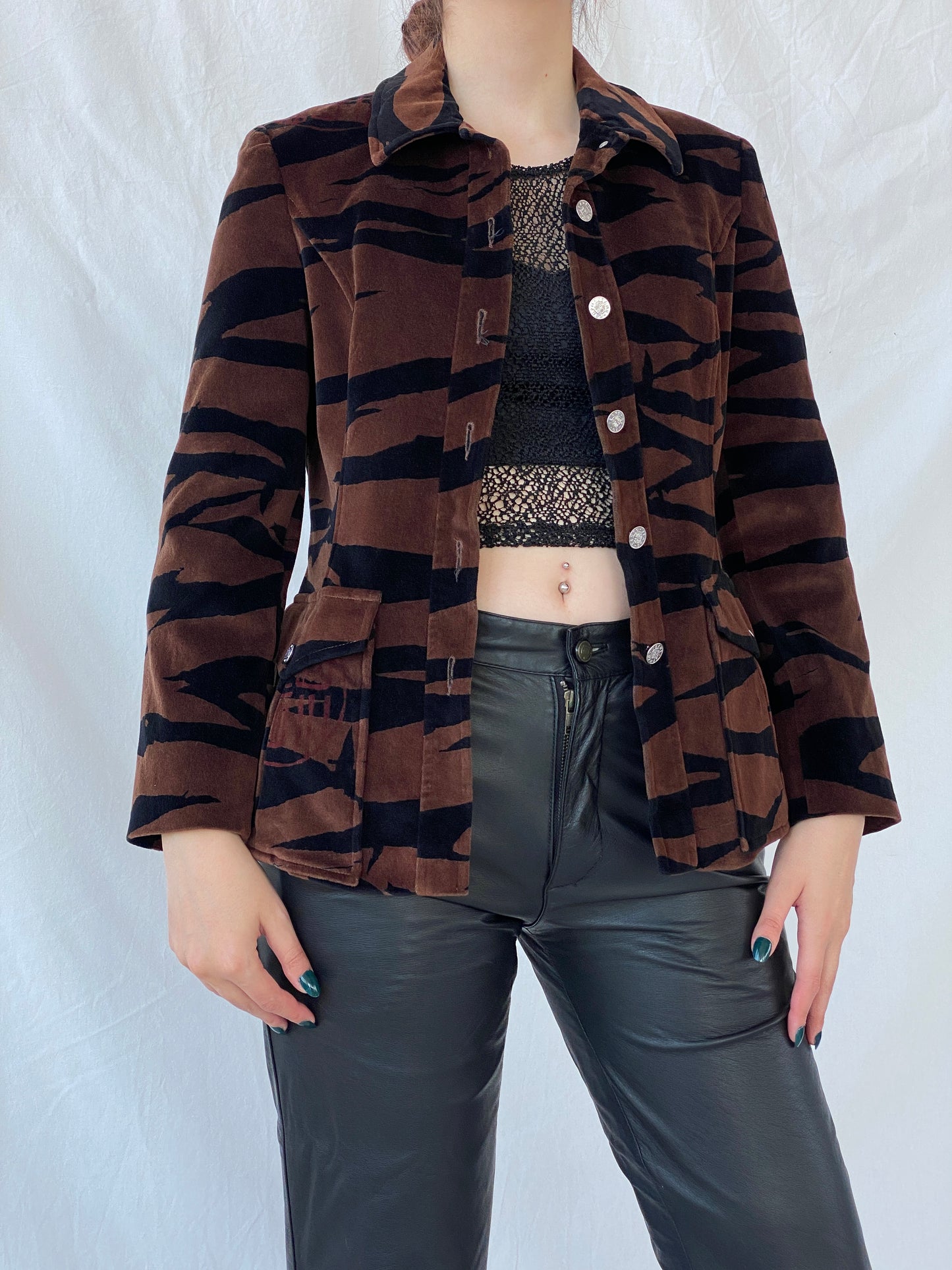 Gorgeous Vintage 90s KENZO JEANS Velvet Tiger Print Brown & Black Heavy Blazer - M