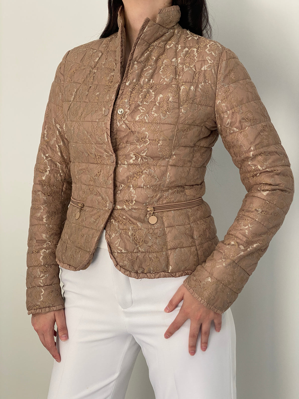 Y2K By Secret Beige Floral Lace Quilted Puffer Jacket – S