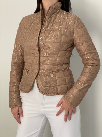 Y2K By Secret Beige Floral Lace Quilted Puffer Jacket – S