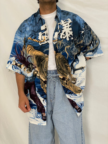 Vintage Billionbay Japanese Tiger Graphic Shirt Blue Y2K Anime Streetwear Button Up Camp Shirt - XL