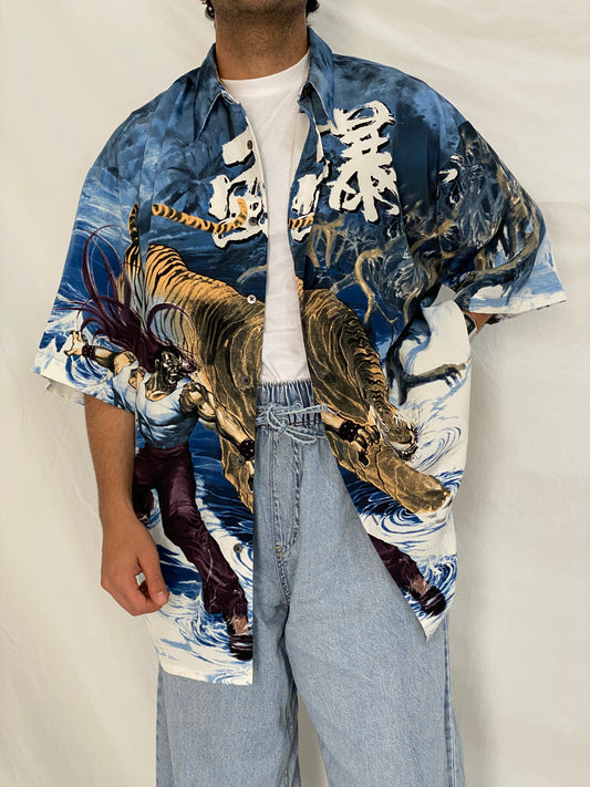 Vintage Billionbay Japanese Tiger Graphic Shirt Blue Y2K Anime Streetwear Button Up Camp Shirt - XL