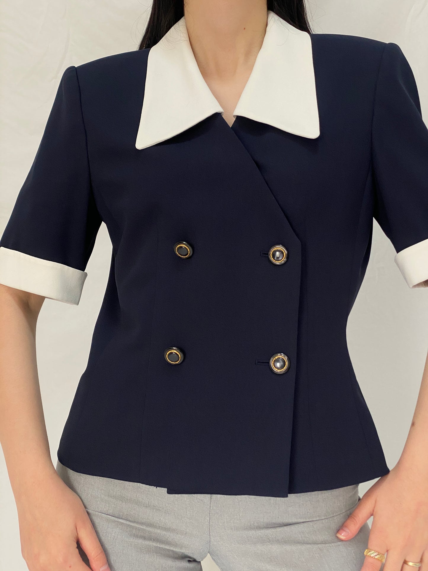 Vintage Kasper for ASL Navy White Tailored Short Sleeve Blazer - M