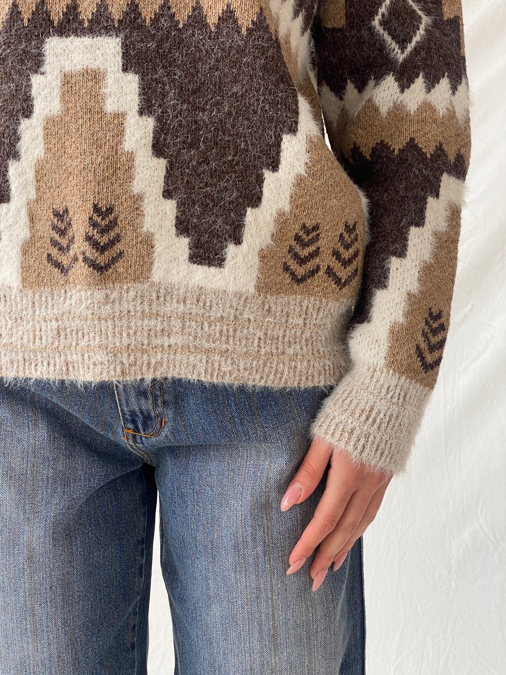 Vintage Wool & Mohair Geometric Icelandic Print V-Neck Handmade Knit Sweater - M