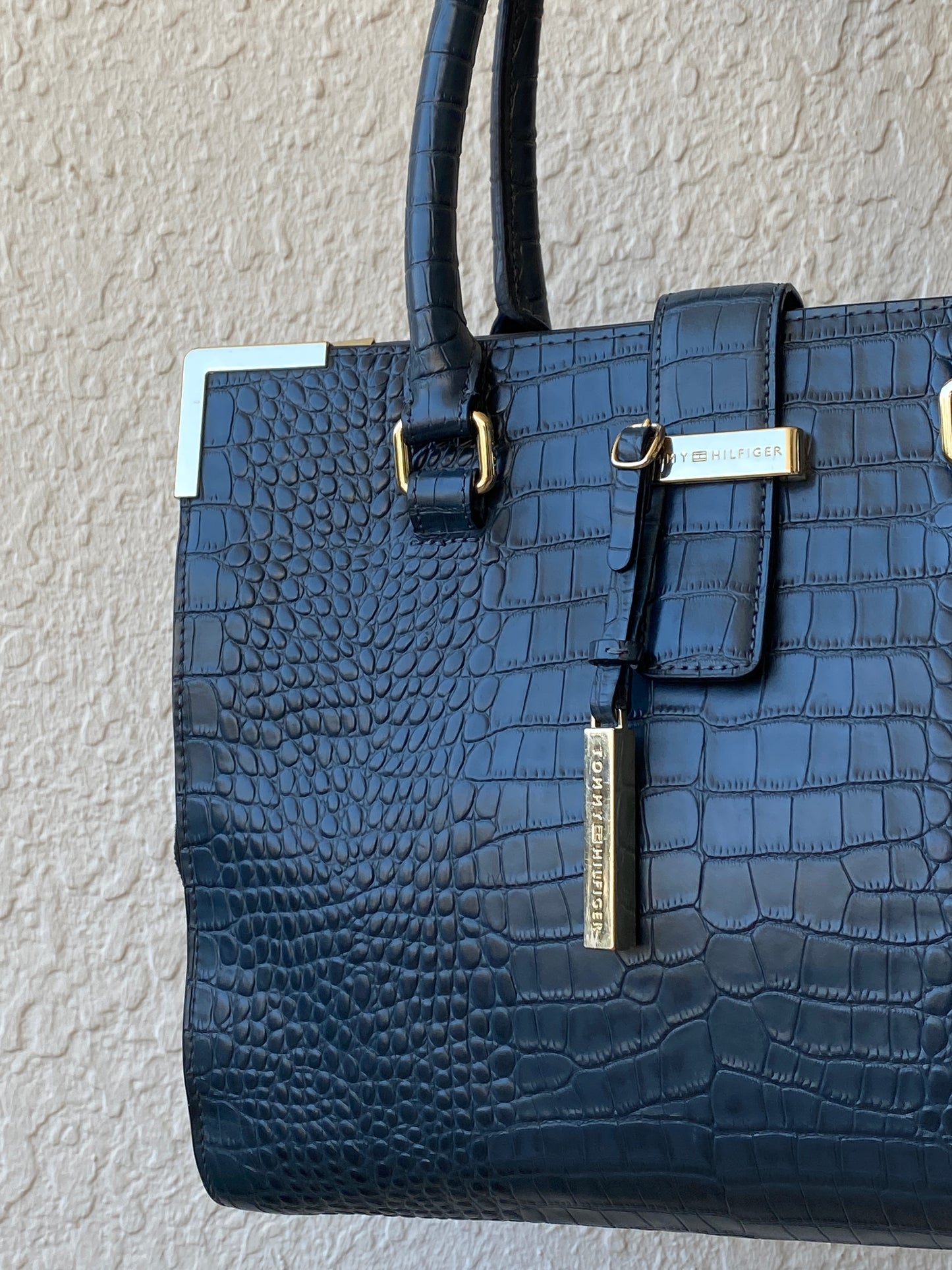 Tommy Hilfiger Navy Croc-Embossed Structured Tote