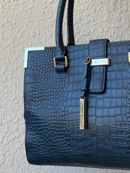 Tommy Hilfiger Navy Croc-Embossed Structured Tote