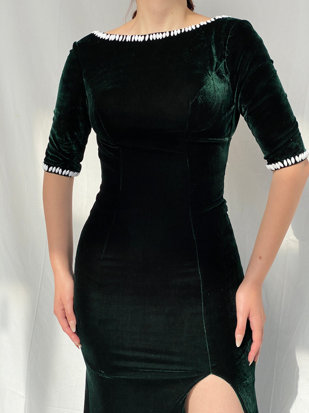 Vintage Green Velvet Maxi Dress With A Side Slit &amp; Open Beaded Back - M