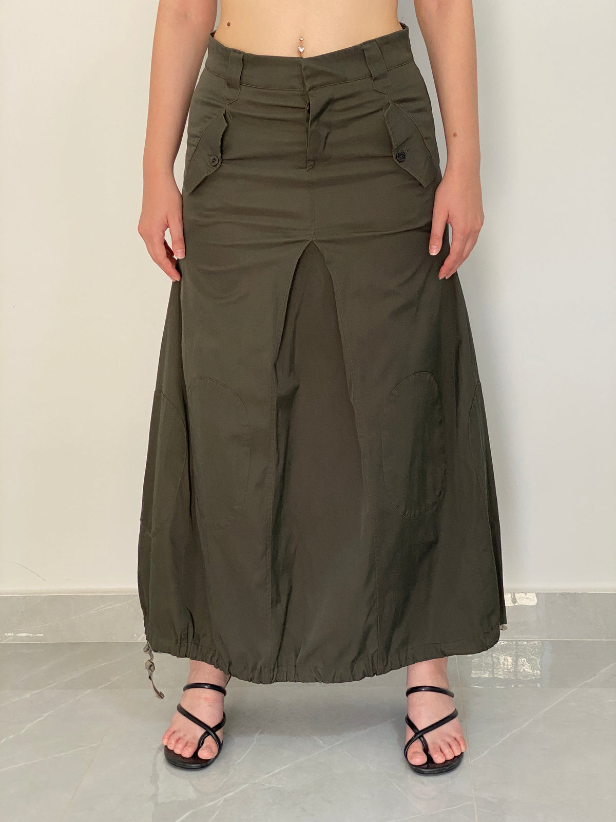 Vintage Y2K Olive Green Utility Cargo Maxi Skirt with Drawstring Hem - L