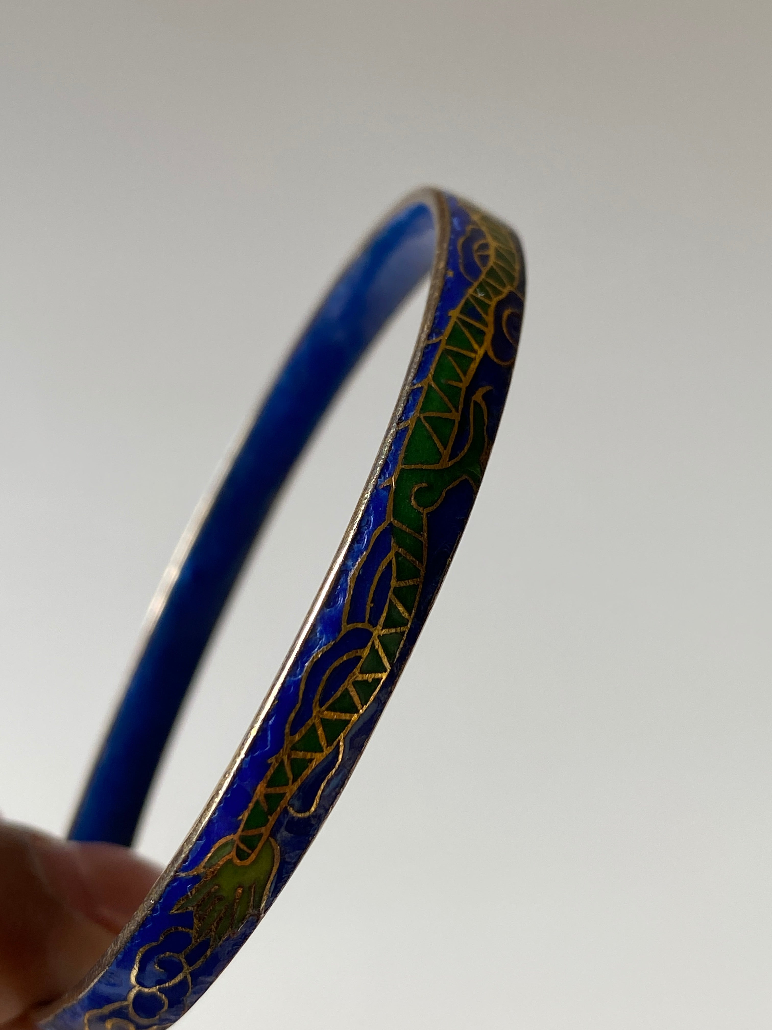 Vintage Blue Cloisonné Enamel Bangle Bracelet Gold Tone Floral Asian Style