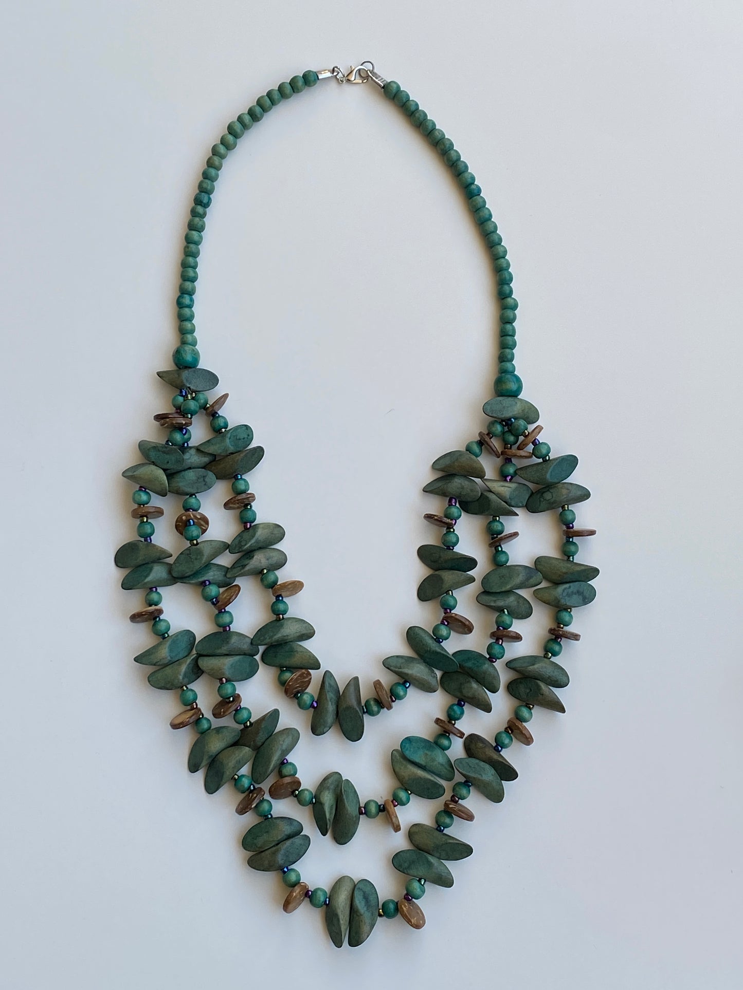 Vintage Boho Green Multi-Strand Wood Beaded Necklace