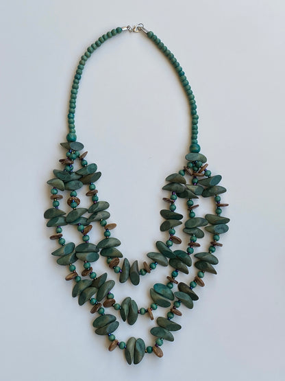 Vintage Boho Green Multi-Strand Wood Beaded Necklace