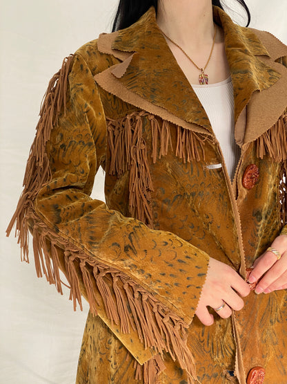 Vintage Dance Girl Fashion Western Fringe Faux Suede Jacket Boho Cowboy Statement Coat - XL