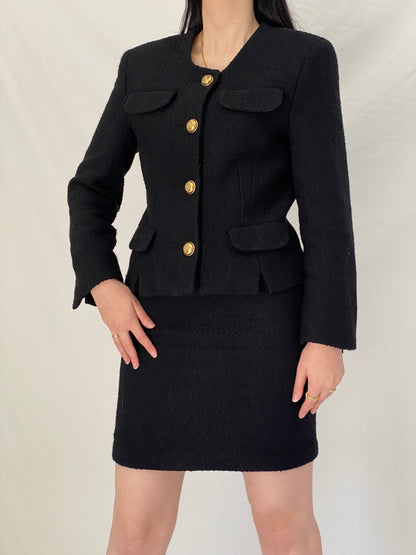 Vintage Directory Black Bouclé Blazer & Skirt Set - 90s Tailored Two Piece Suit, Gold Button Jacket, Minimalist Power Set - M