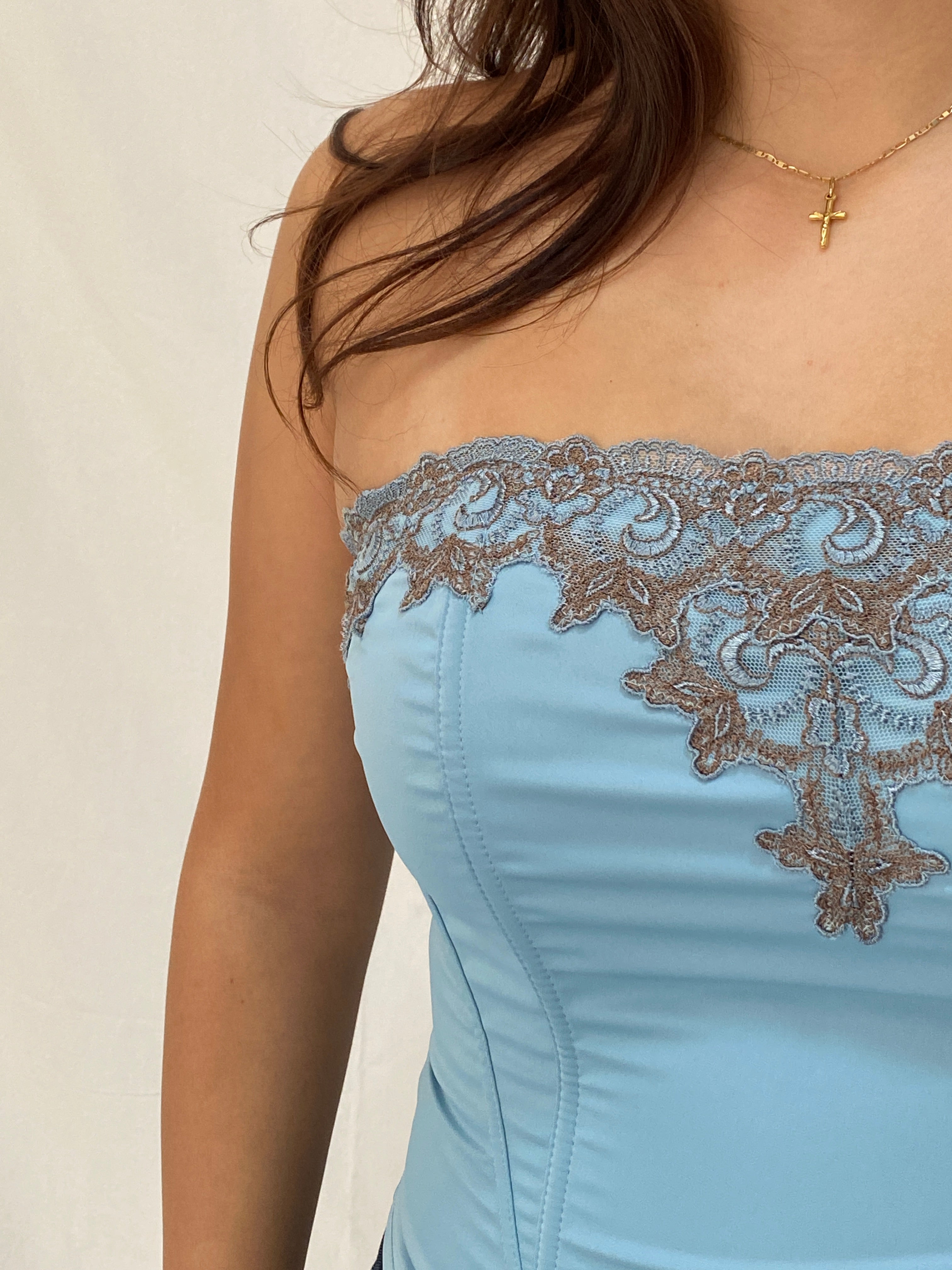 Vintage Baby Blue Strapless Corset Top Lace Trim Bustier Style Y2K Top - M