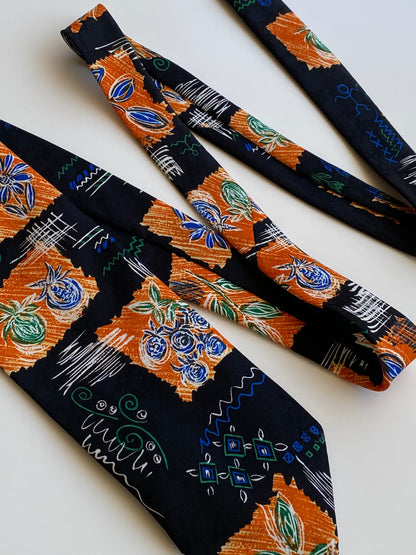 Vintage 90s T Fashion Black Orange Floral Abstract Wide Necktie