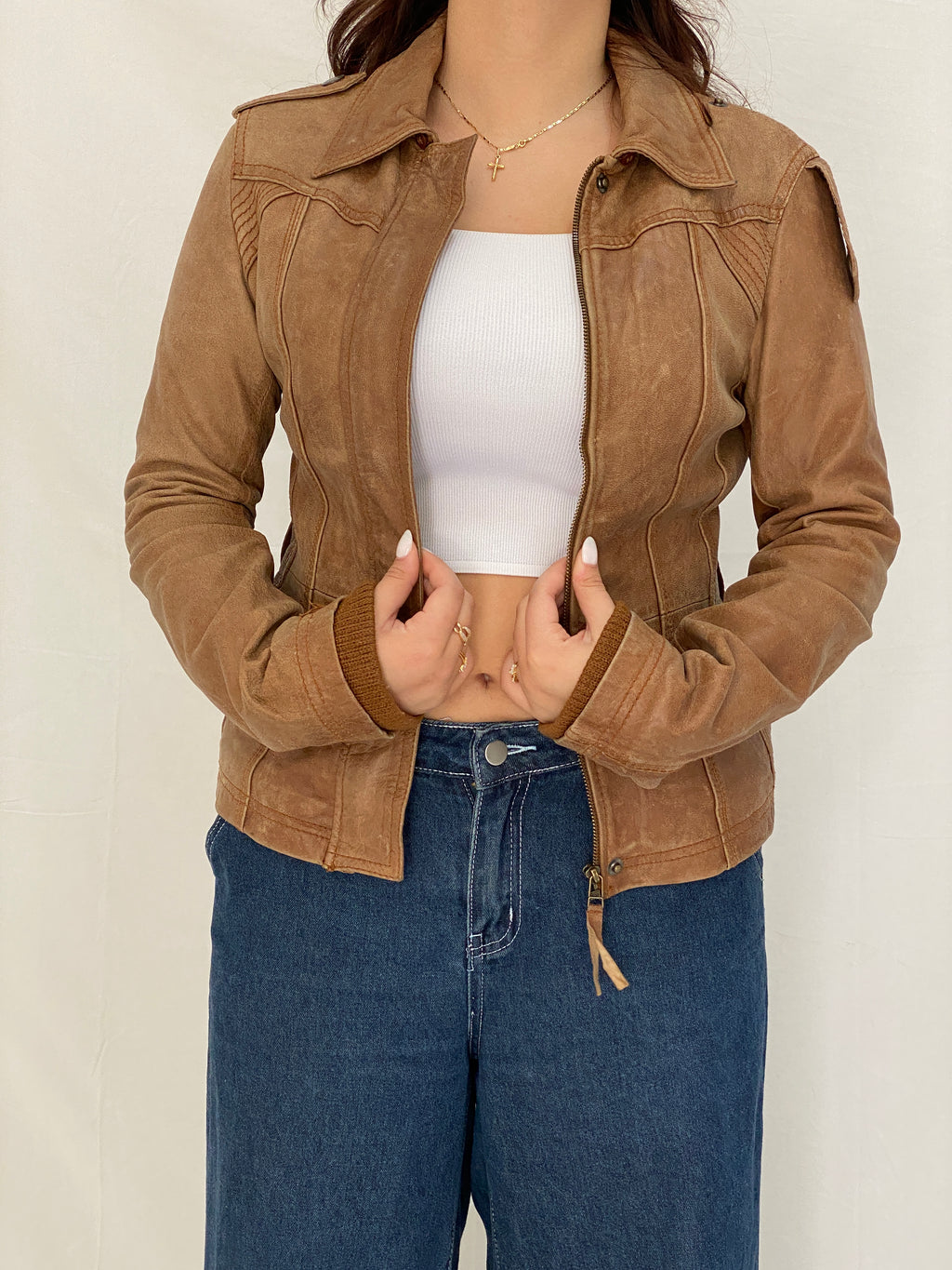 Y2K Stradivarius Real Leather Moto Tan Leather Biker Jacket - M