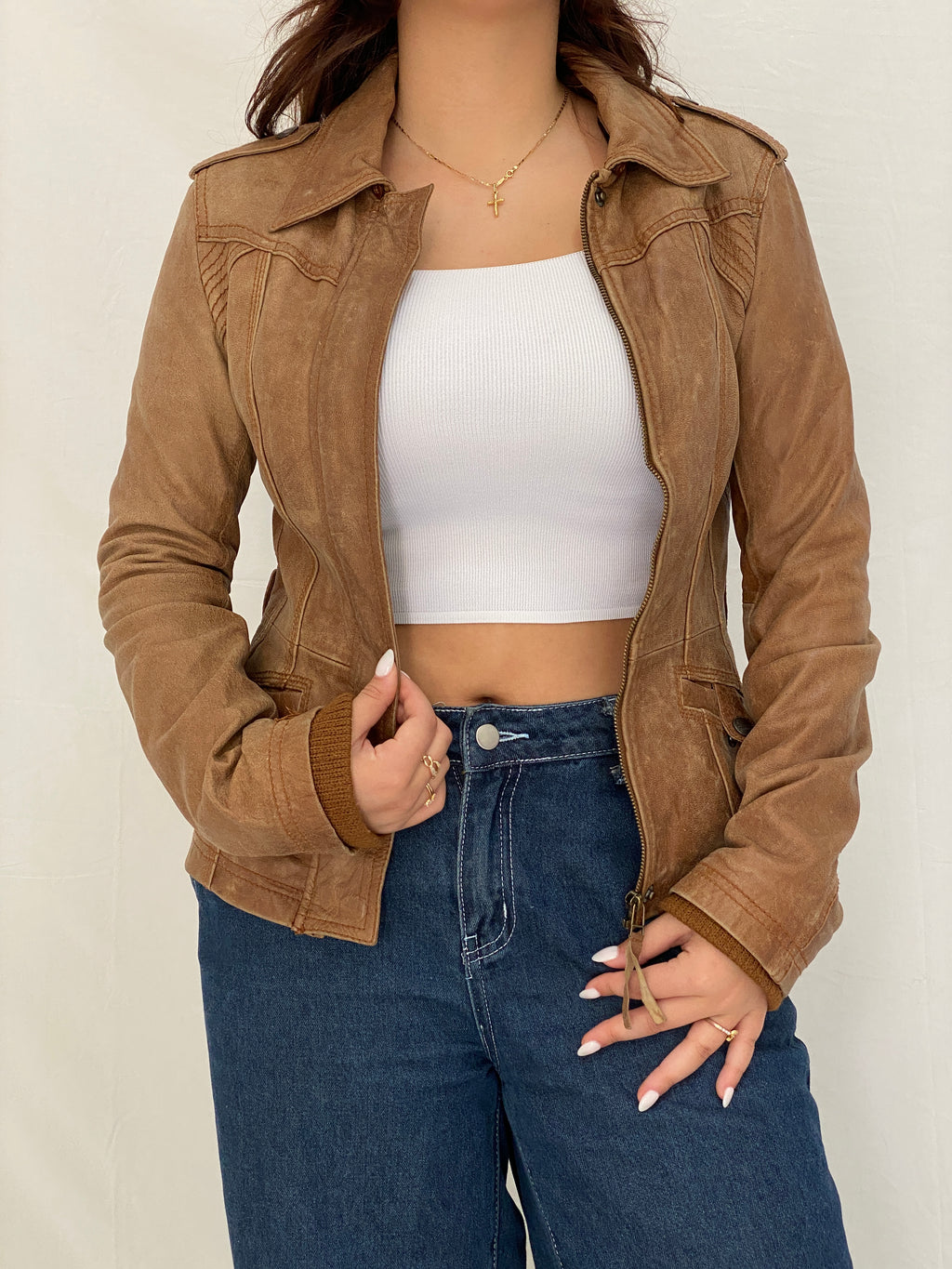 Y2K Stradivarius Real Leather Moto Tan Leather Biker Jacket - M