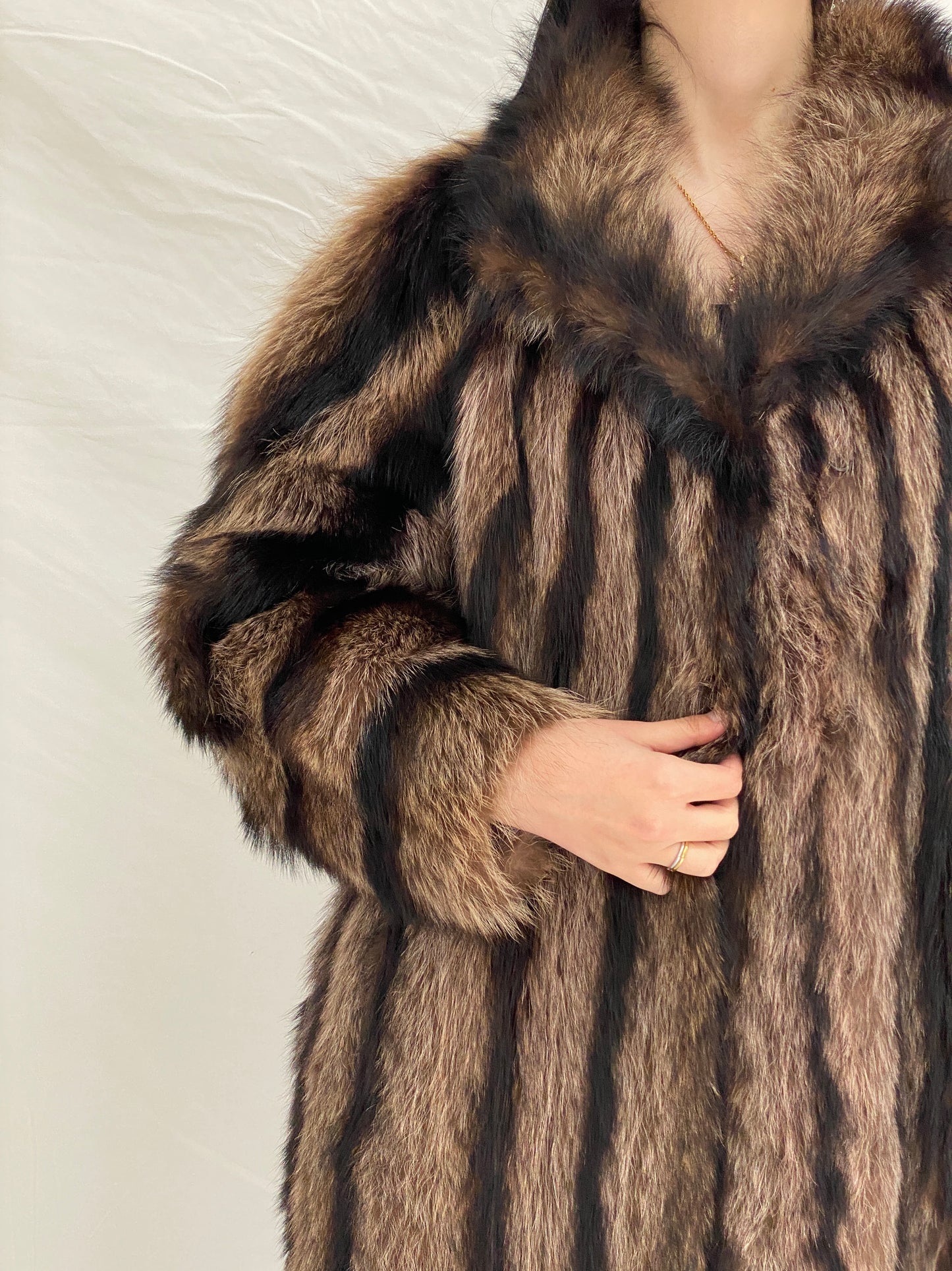Vintage Handmade Real Raccoon Fur Brown Long Coat Luxury Statement Coat - L