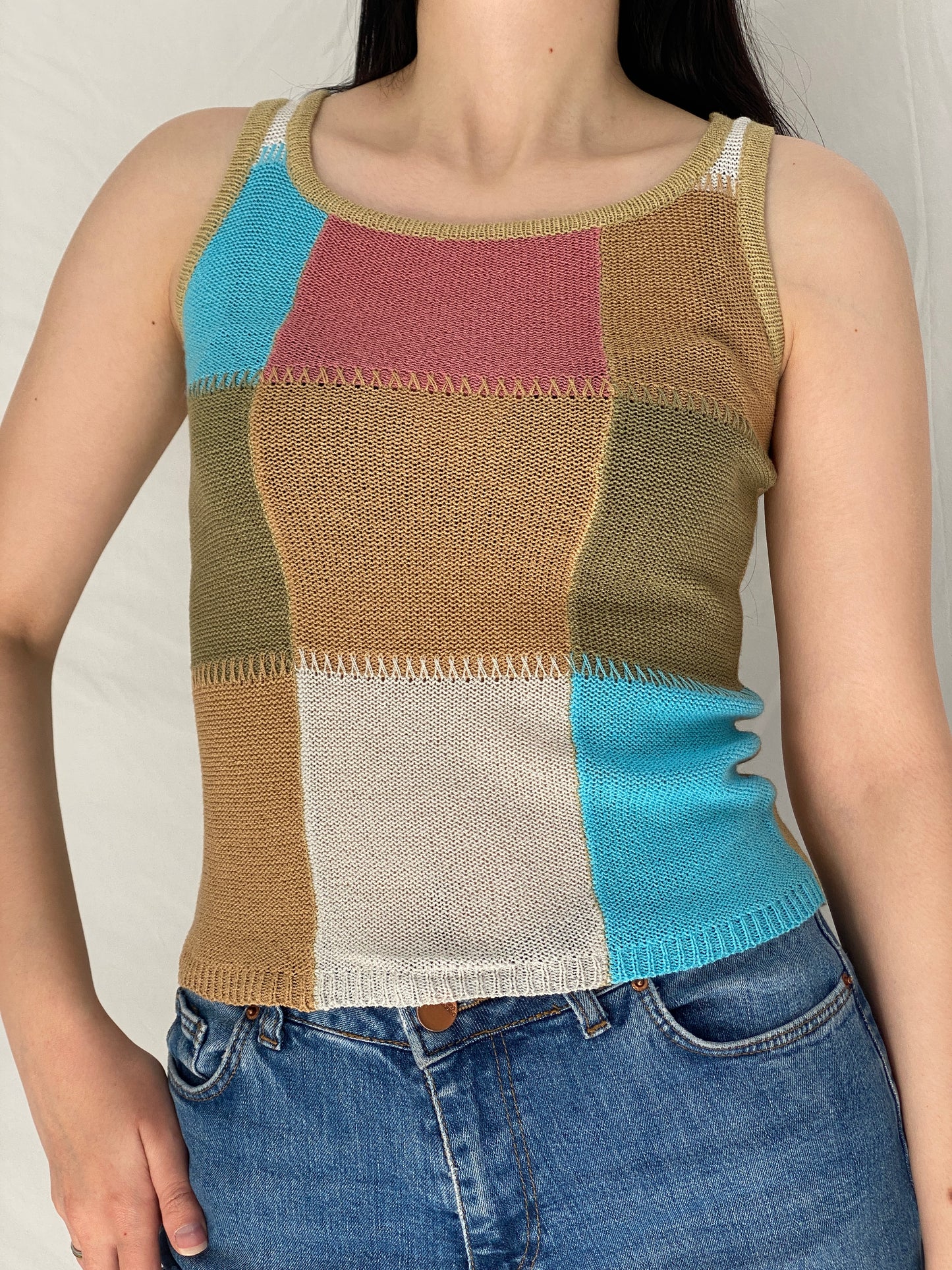 Vintage Patchwork Knit Tank Top Multicolor Y2K Style - S