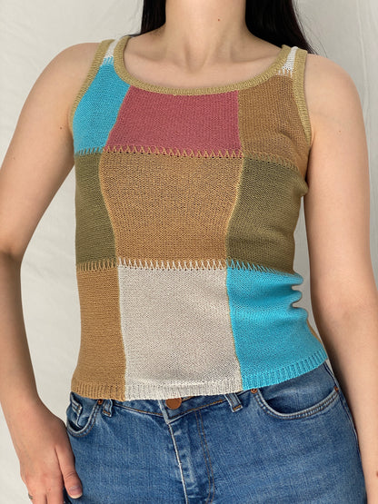 Vintage Patchwork Knit Tank Top Multicolor Y2K Style - S