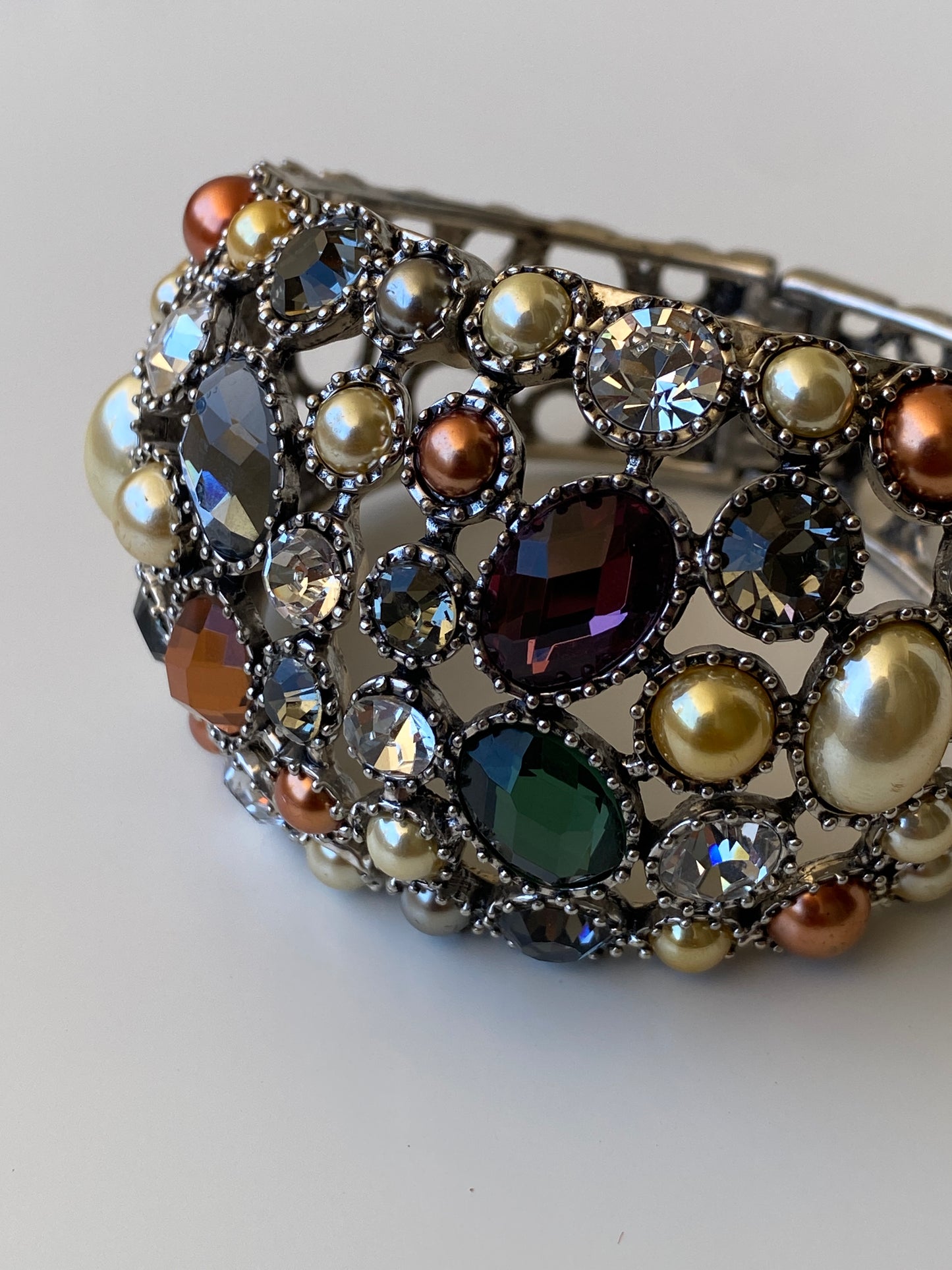 Vintage Jewel Tone Rhinestone Cuff Bracelet Pearl & Crystal Statement Bangle