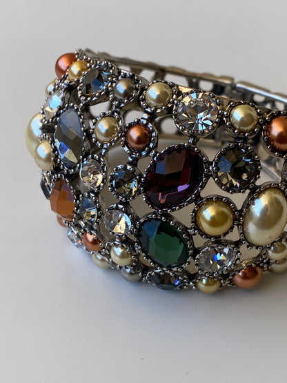 Vintage Jewel Tone Rhinestone Cuff Bracelet Pearl & Crystal Statement Bangle