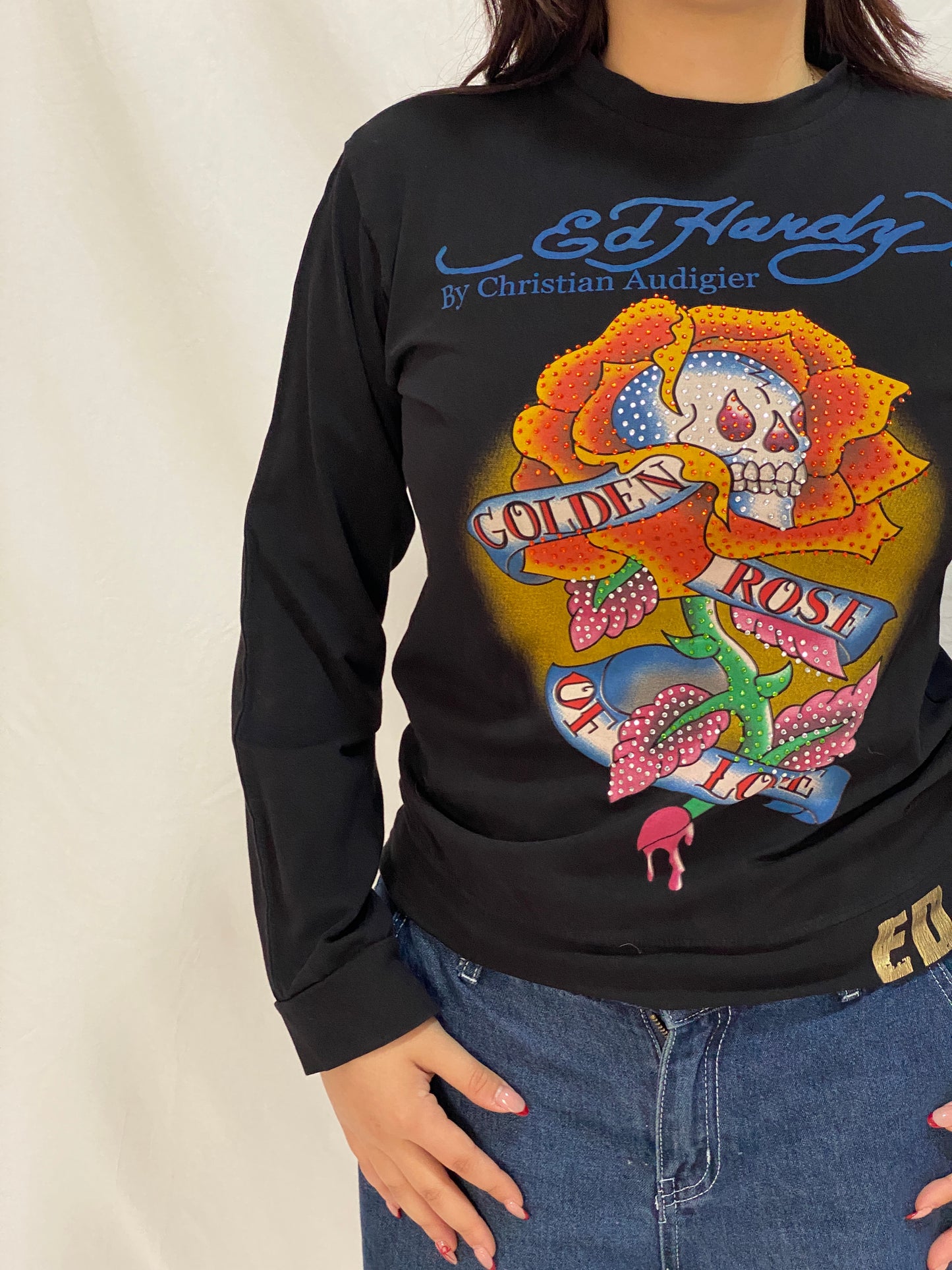 Vintage Ed Hardy Golden Rose Skull Graphic Long Sleeve Top by Christian Audigier - M