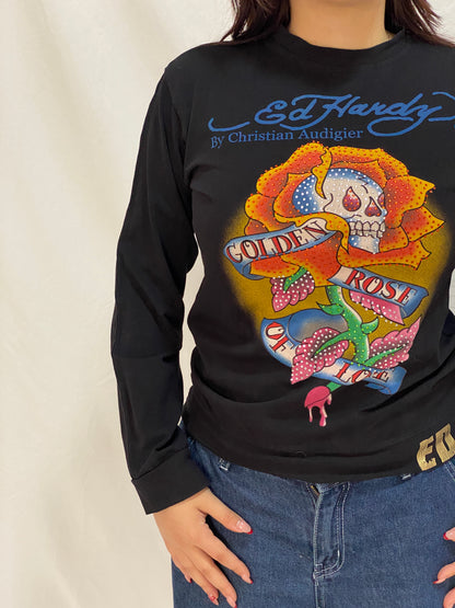 Vintage Ed Hardy Golden Rose Skull Graphic Long Sleeve Top by Christian Audigier - M