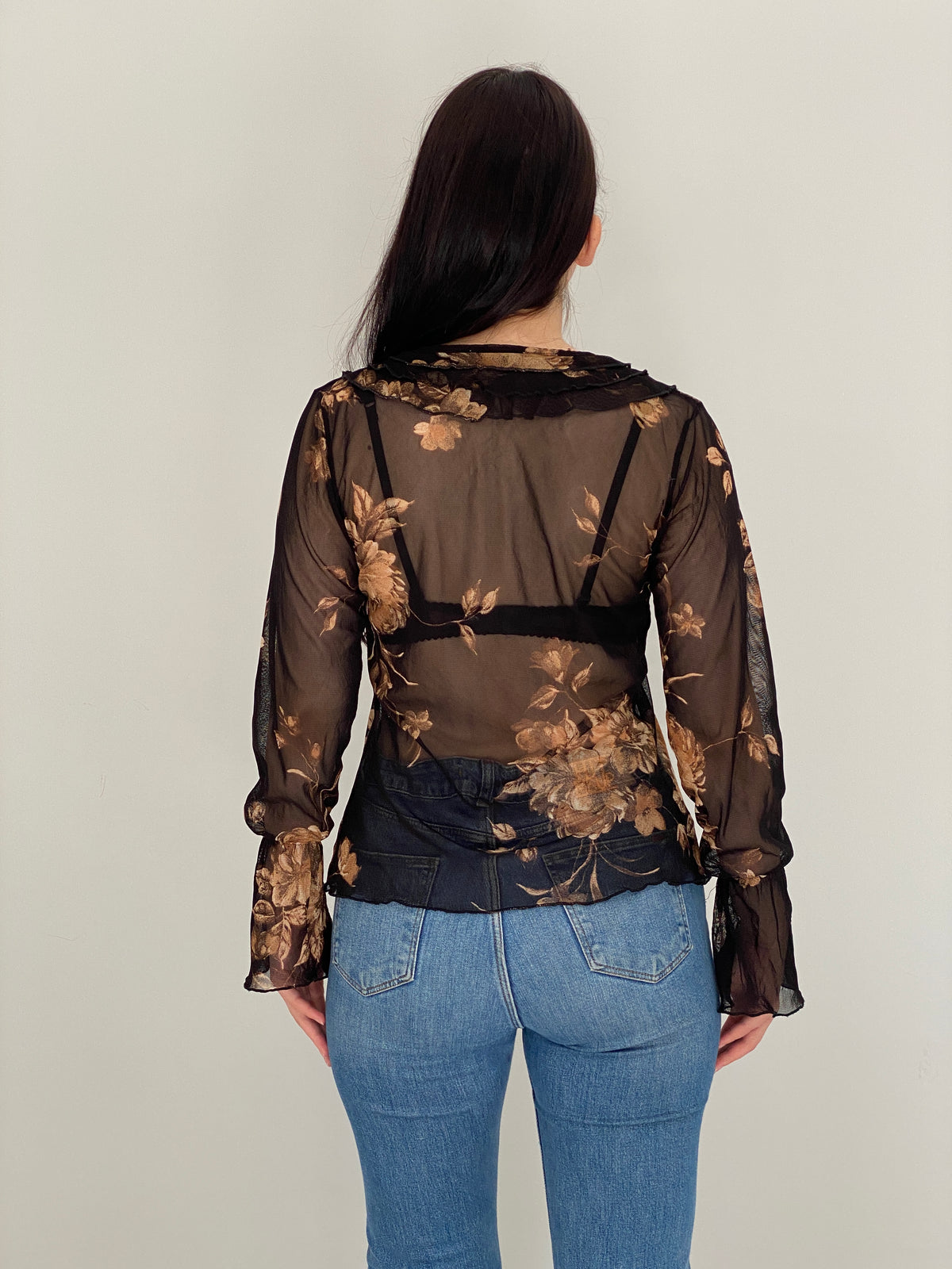 Vintage Y2K Surrender Women Black & Brown Floral Sheer Mesh Ruffle Blouse - M