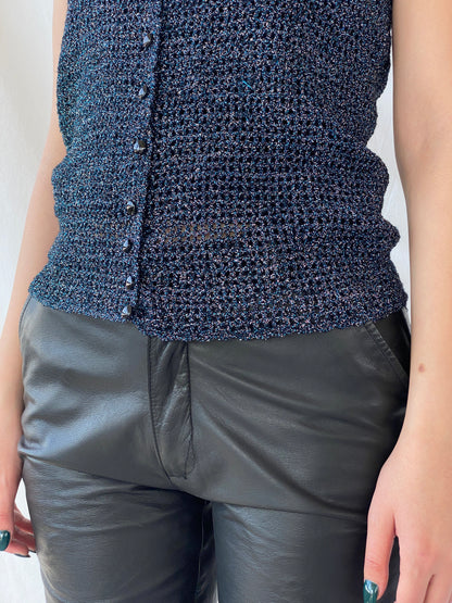 Vintage Handmade Knitted Blue Silver and Black Shimmery Buttoned Vest - S