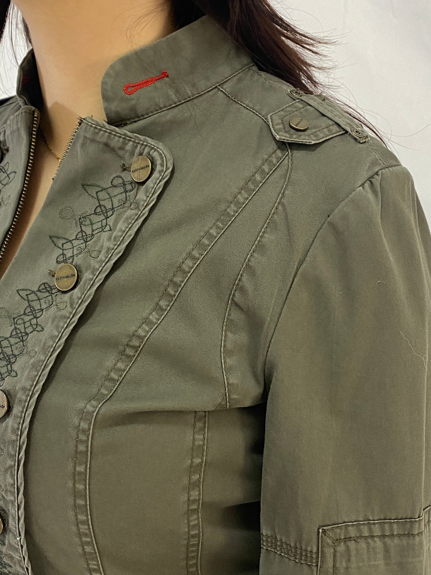 Karen Millen Olive Green Military-Style Embroidered Light Jacket - M