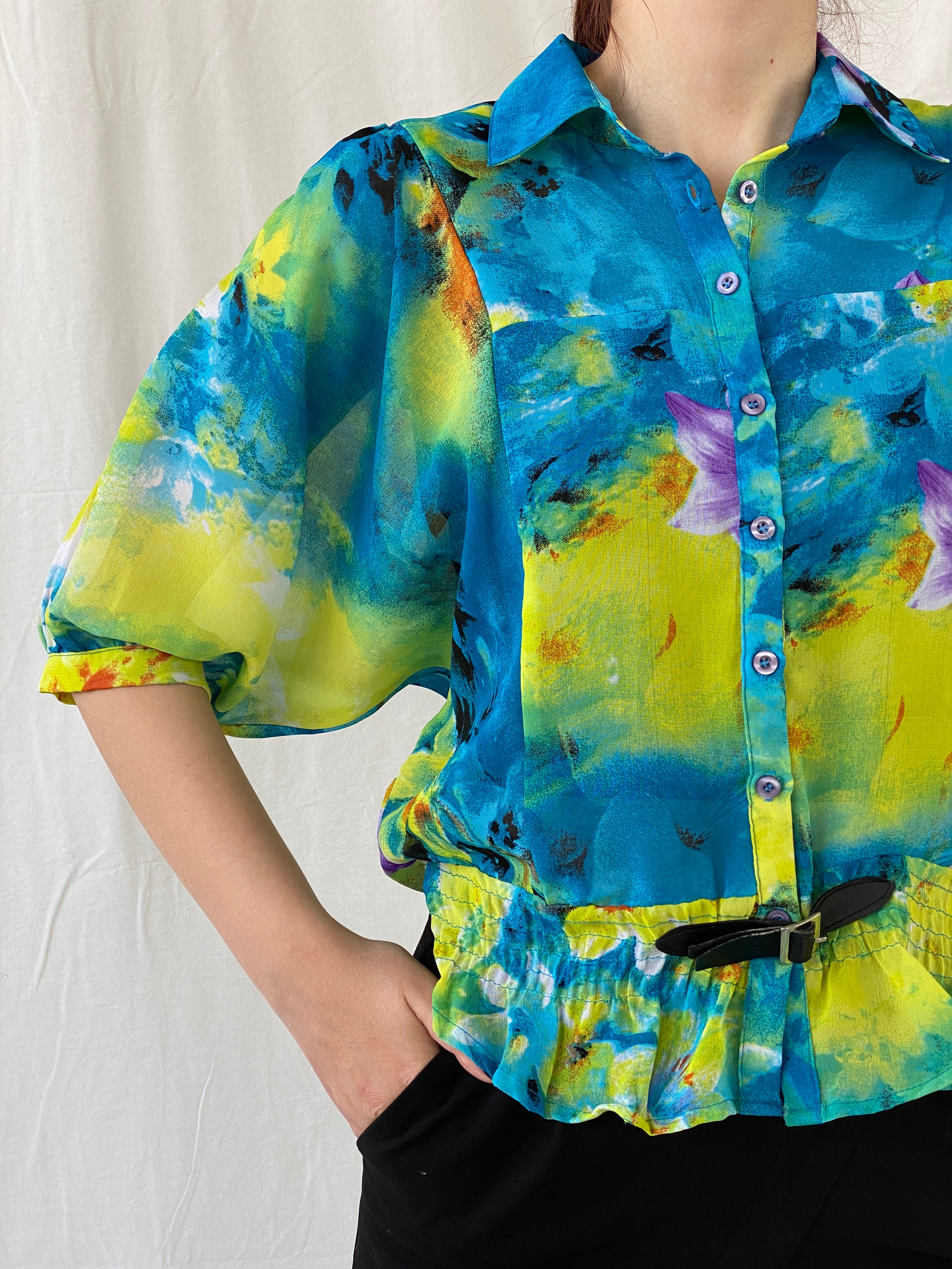 Vintage 90s Follow Me Floral Blue Puff Sleeve Elastic Waist Blouse - M