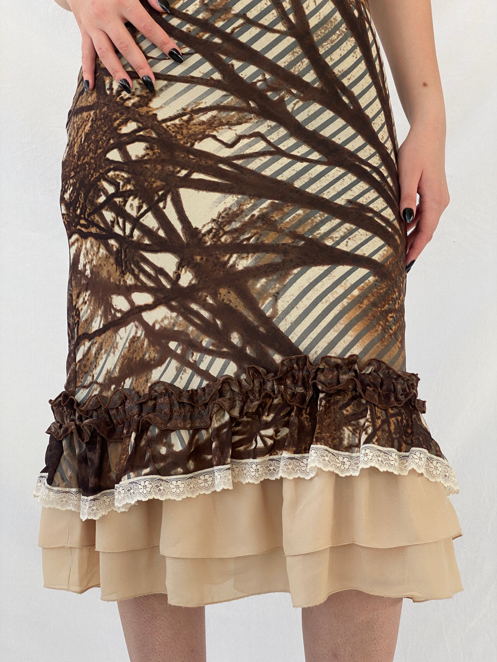 Insane Vintage 90s Per Una Brown Graphic Midi Dress with Ruffle and Lace Detailing - M
