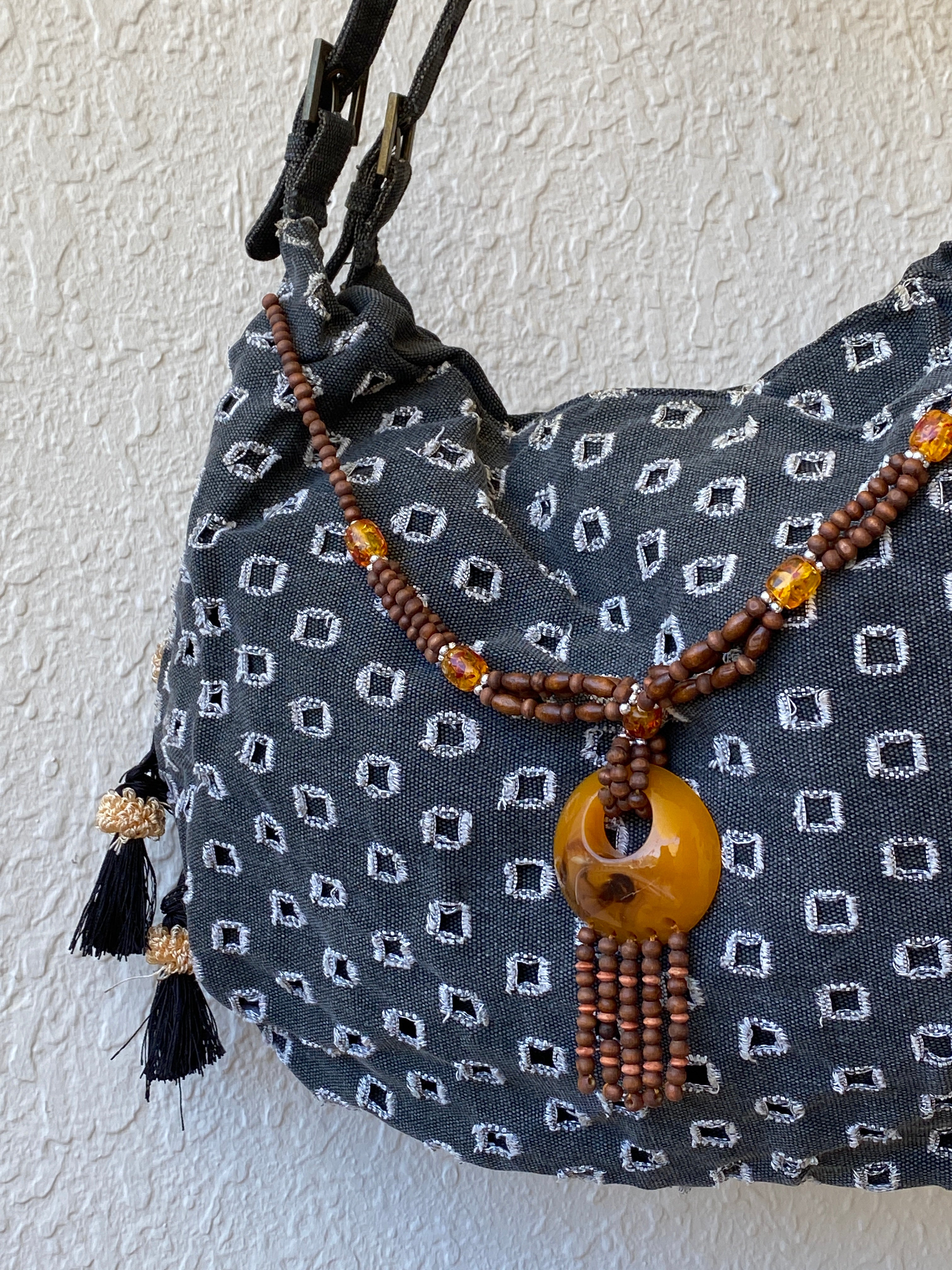 Y2K Gray Boho Hobo Denim Shoulder Bag With Side Fringes