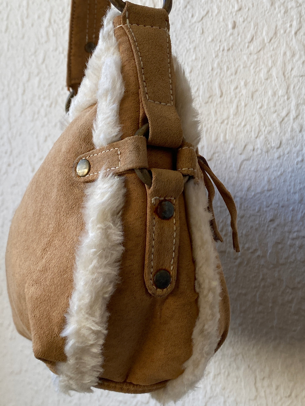Y2K Shearling Brown Shoulder Bag with Fuzzy Trim & Stud Details Purse