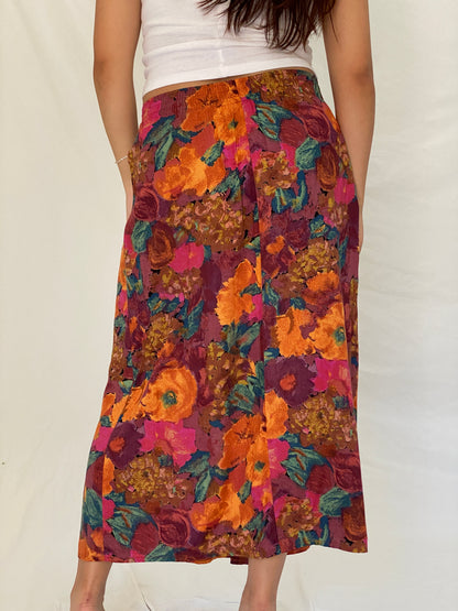 Vintage 90s George Floral Orange Multicolor Pleated Midi Skirt – L