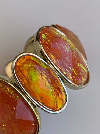 Vintage Orange Lucite Cabochon Silver-Tone Elastic Statement Bracelet