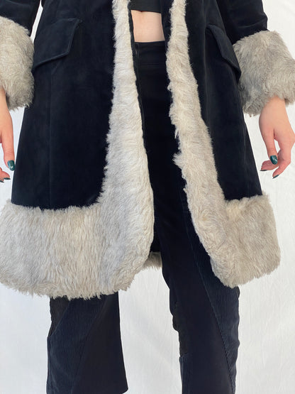 Vintage 90s Wild Rose Penny Lane Black Faux Grey Fur Afghan Style Coat - M