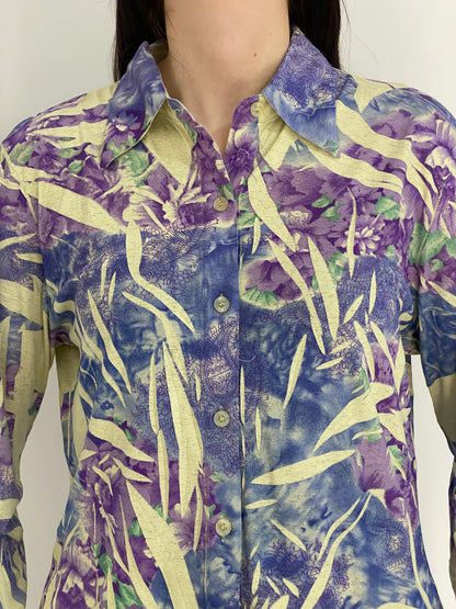 Vintage Hong Mei Purple Blue Floral Botanical Print Shirt – M
