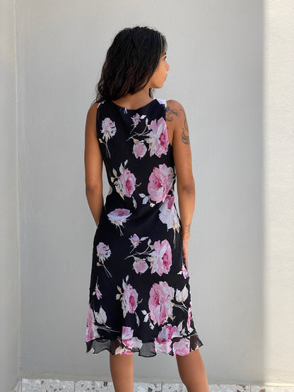 Vintage Alyn Paige Black Pink Floral Chiffon Sleeveless Midi Dress – S