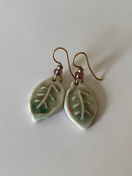 Vintage Y2K Ceramic Leaf Drop Earrings with Brass Hooks