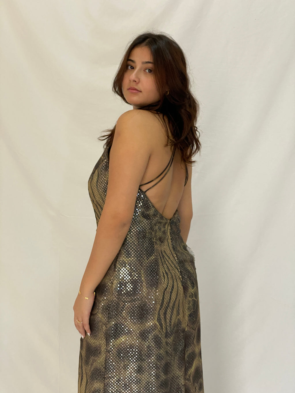 Vintage Betsy & Adam Metallic Animal Print Maxi Gown Sequin Mesh Overlay 90s Y2K Evening Dress - L