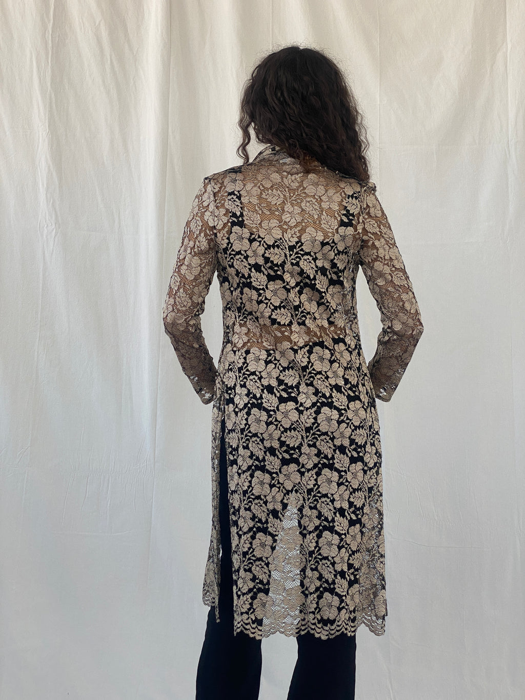 Stunning 90s Wallis Petite Gold Black Lace Long Cardigan - M