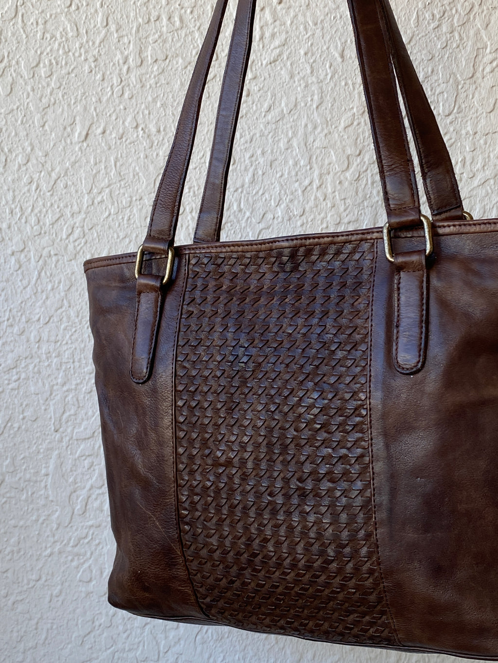 Vintage Distressed Brown Genuine Indian Woven Leather Tote Shoulder Bag
