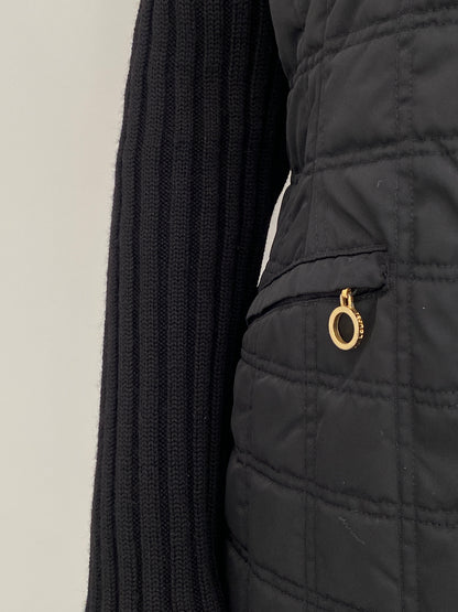 Vintage 90s Laurèl Black Quilted Jacket with Wool Knit Sleeves & Gold Buttons – M