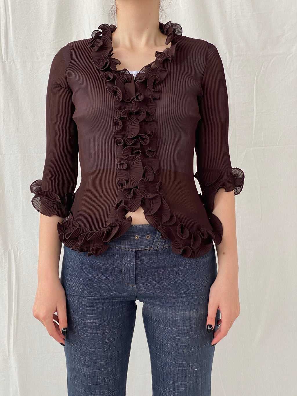 Y2K Fix Chung Ruffled Blouse Sheer Ribbed Brown Women’s Shirt - M