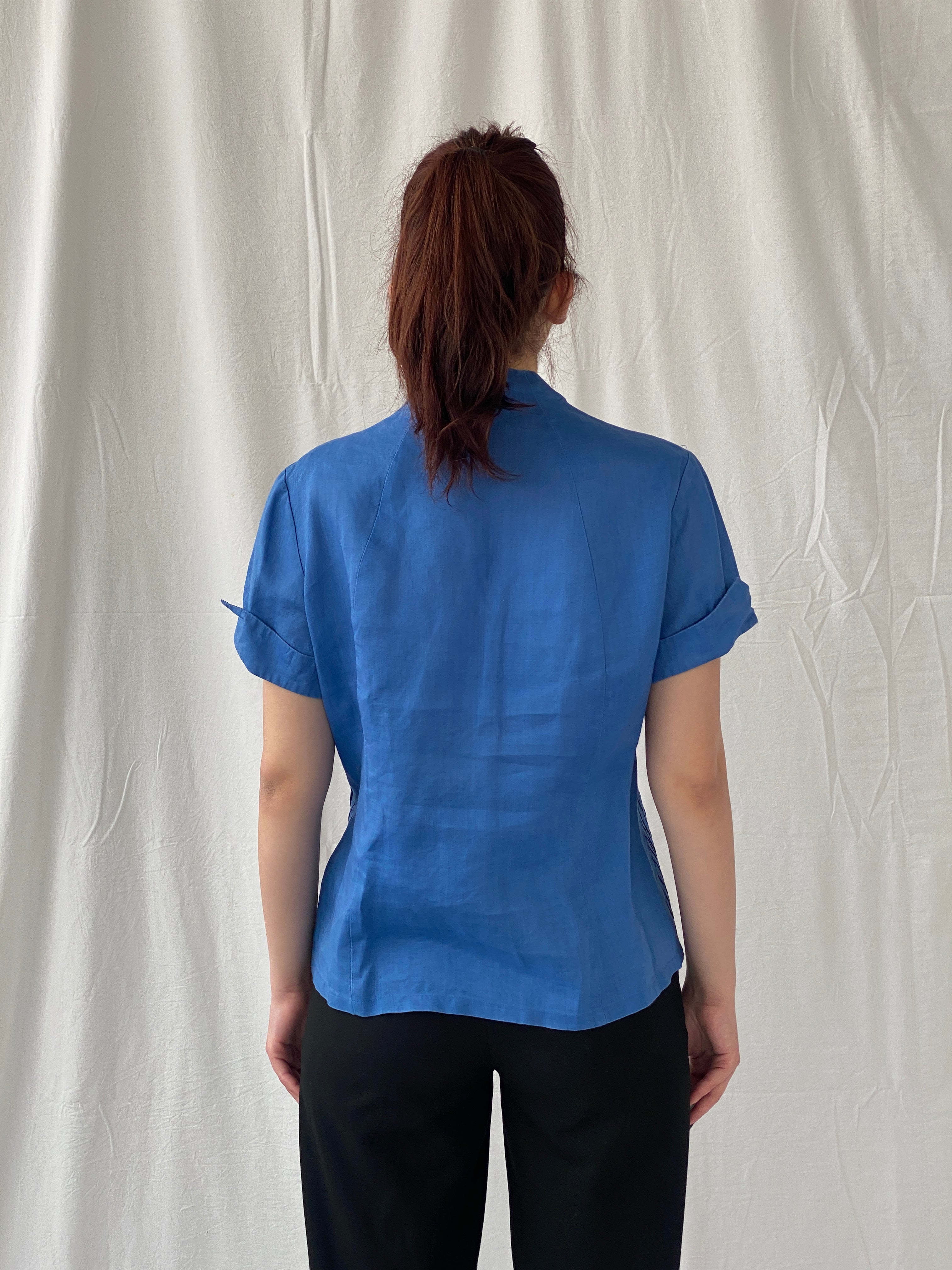 Beautiful Appraisal Blue Ramie Women’s Short Sleeve Buttoned Structured Shirt - L