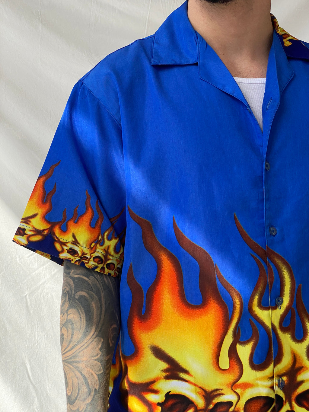 Men’s Flamed Skull Blue Short Sleeve Button Up Shirt - L